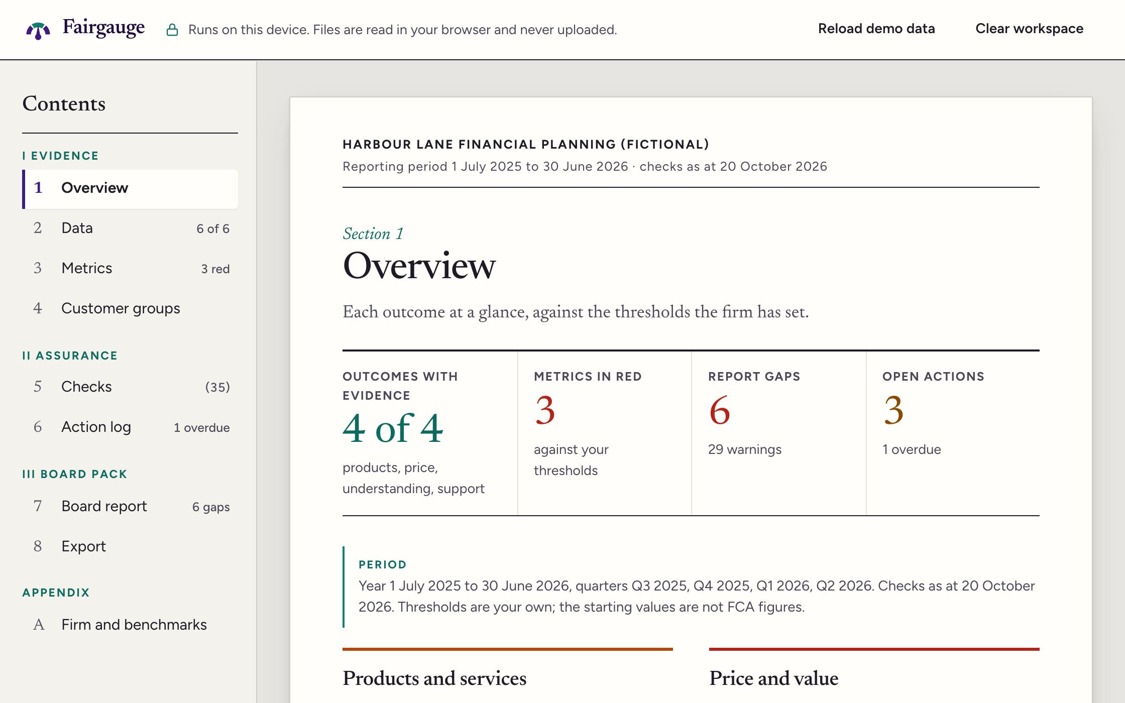 Fairgauge overview for a fictional advice firm with metrics by outcome, red and amber flags and open actions